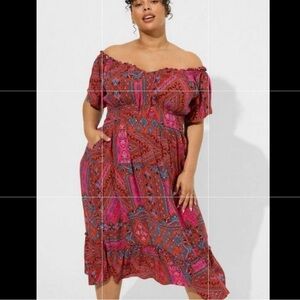 Torrid Midi Smocked Dress Boho Festive Size 2
